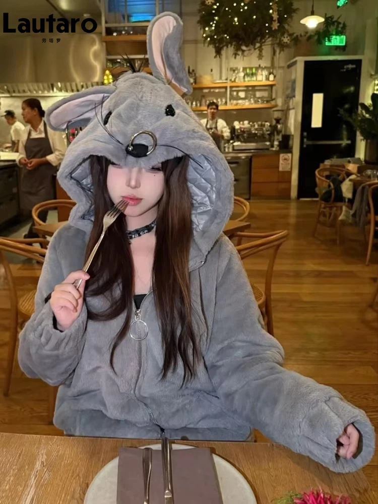 Lautaro Autumn Winter Thick Warm Grey Faux Fur Coat Hood Women with Mouse Ears Tail Sweet Cute Subculture Y2K Fluffy Jacket 2026
Lautaro Autumn Winter Thick Warm Grey Faux Fur Coat Hood Women with Mouse Ears Tail Sweet Cute Subculture Y2K Fluffy Jacket 2026