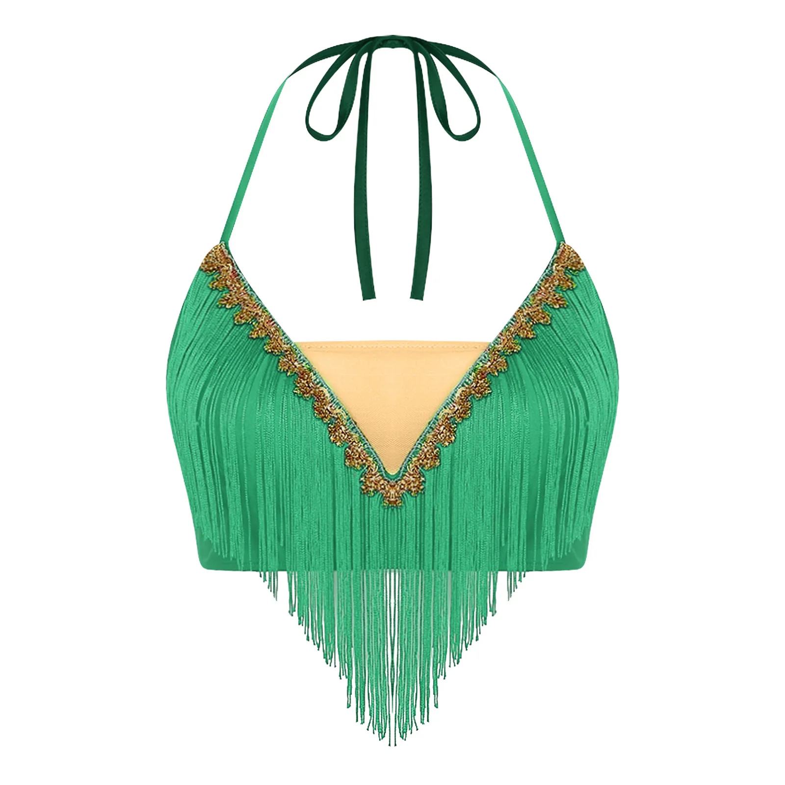 Gold Trim Belly Dance Performance Outfit for Women Halter Lace Up Fringed Crop Top+Tiered Tassel Skirt Belly Indian Dancewear
Gold Trim Belly Dance Performance Outfit for Women Halter Lace Up Fringed Crop Top+Tiered Tassel Skirt Belly Indian Dancewear