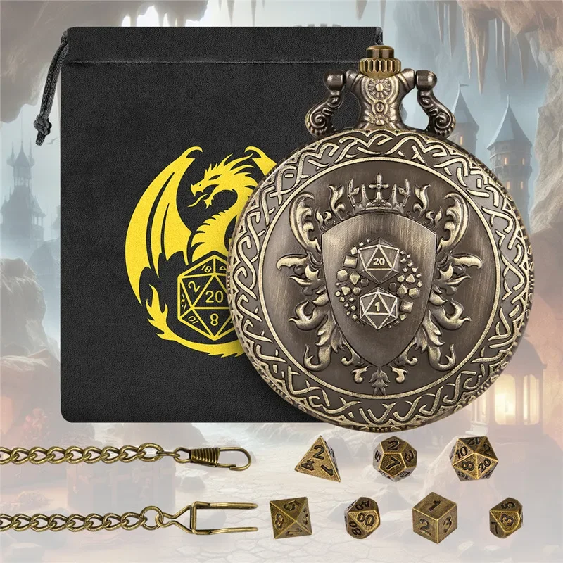 Retro D20 and D1 Shield Pattern Pocket Watch Shell Case 7pcs Mini Size Metal Polyhedral Dice Set for RPG Gaming Storage Gift Bag
Retro D20 and D1 Shield Pattern Pocket Watch Shell Case 7pcs Mini Size Metal Polyhedral Dice Set for RPG Gaming Storage Gift Bag
