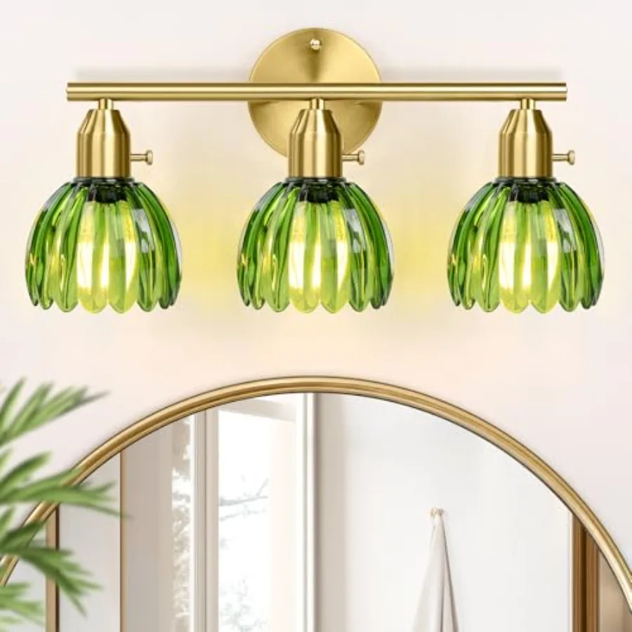 Bathroom Light Fixtures - Gold Vanity Lights with Green Tulip Glass Shade, Brass Bathroom Lighting Fixture Over Mirror, Vintage
Bathroom Light Fixtures - Gold Vanity Lights with Green Tulip Glass Shade, Brass Bathroom Lighting Fixture Over Mirror, Vintage