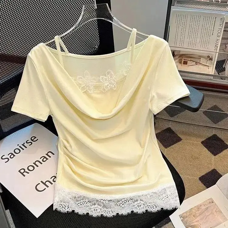 Lace Trim Spliced ort Sve Tirt Women's Summer 2025 Sle Ele Casual Faionable Top for Ladies over 40
Lace Trim Spliced ort Sve Tirt Women's Summer 2025 Sle Ele Casual Faionable Top for Ladies over 40