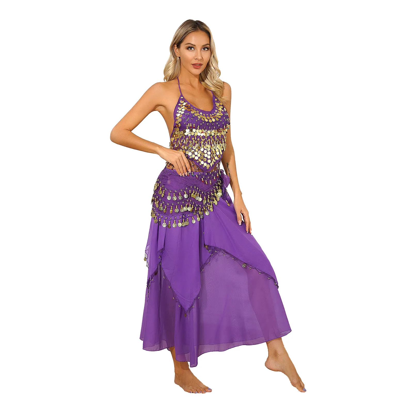 Womens Belly Dance Outfit Stage Performance Costume Glittery Sequins Halter Self-Tie Crop Top with Irregular Skirt Hip Scarf
Womens Belly Dance Outfit Stage Performance Costume Glittery Sequins Halter Self-Tie Crop Top with Irregular Skirt Hip Scarf