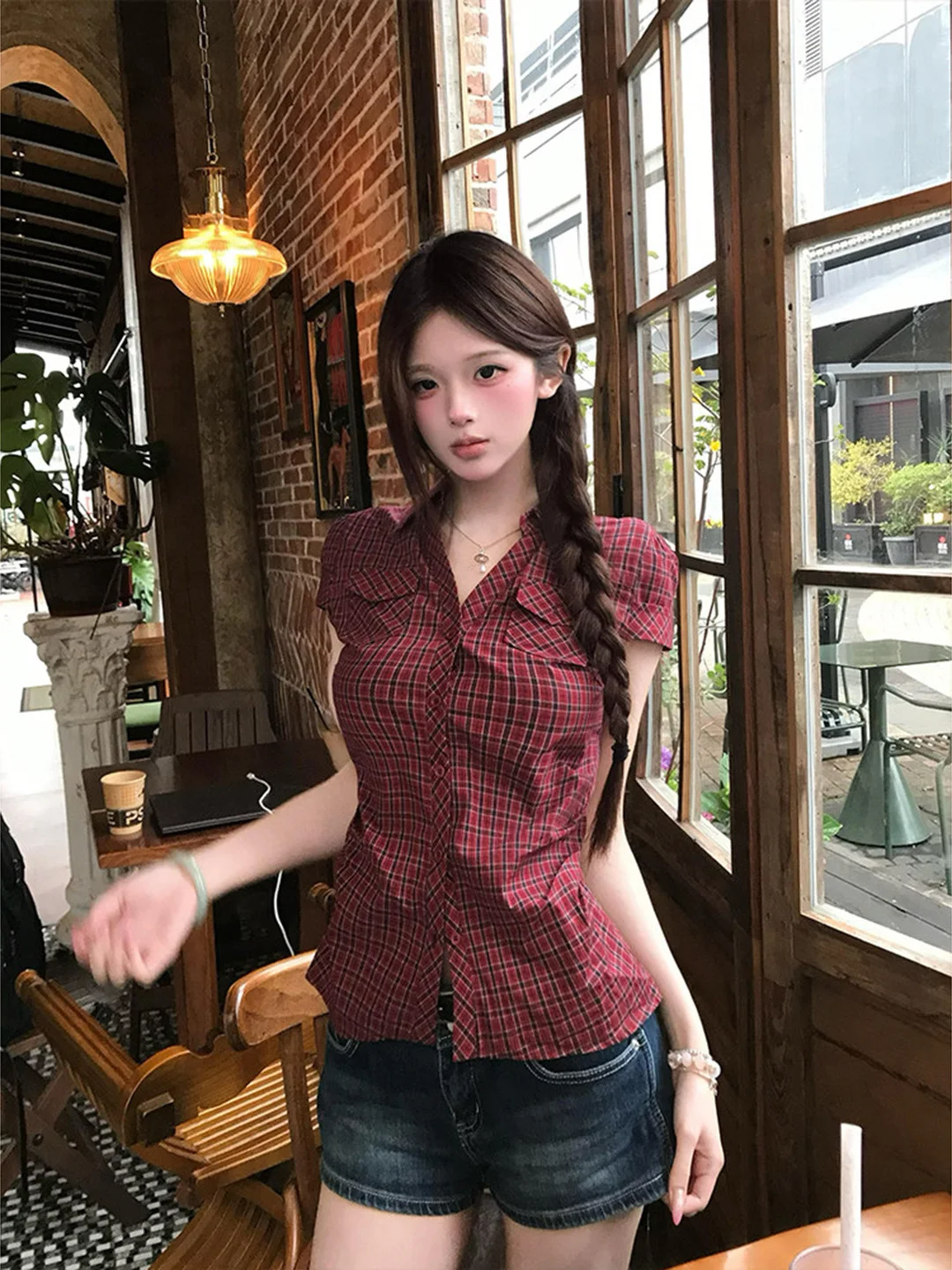 Retro Korean Red Plaid Waist-Cinching Short Sleeve Women's Shirt Summer Pleated Slimming Sexy Top Pure Cotton Button up ...
Retro Korean Red Plaid Waist-Cinching Short Sleeve Women's Shirt Summer Pleated Slimming Sexy Top Pure Cotton Button up ...