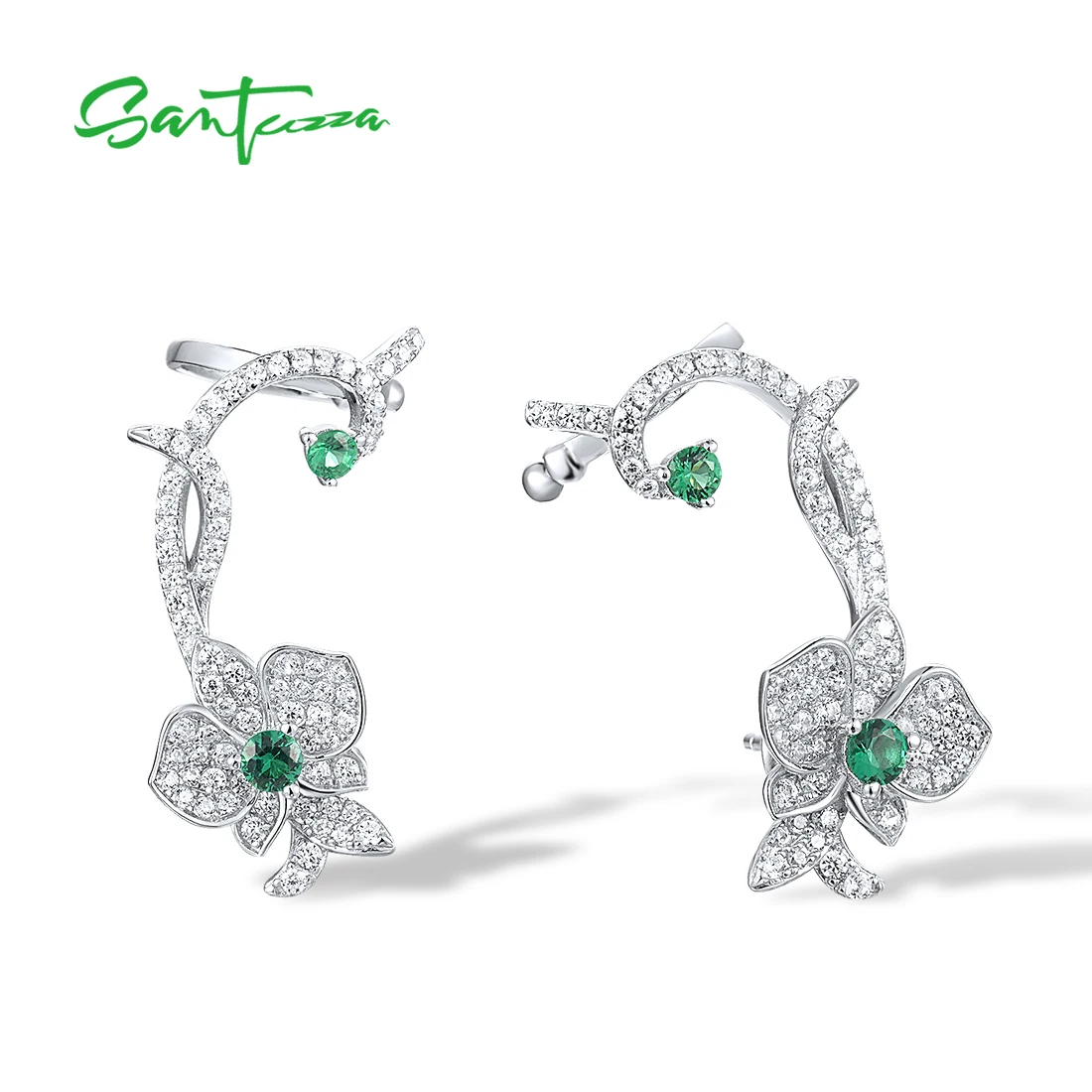 SANTUZZA Authentic 925 Sterling Silver Cuff Earrings For Women Sparkling White CZ Green Spinel Flower Edgy Modern Fine Jewelry
SANTUZZA Authentic 925 Sterling Silver Cuff Earrings For Women Sparkling White CZ Green Spinel Flower Edgy Modern Fine Jewelry