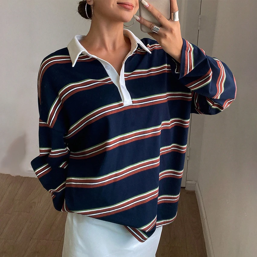 Linad Office Lapel Stripe T Shirts Vintage Buttons Long Sleeve Tees Lady Casual Turn Down Collar T-Shirts Knit Tops 2025 Summer
Linad Office Lapel Stripe T Shirts Vintage Buttons Long Sleeve Tees Lady Casual Turn Down Collar T-Shirts Knit Tops 2025 Summer