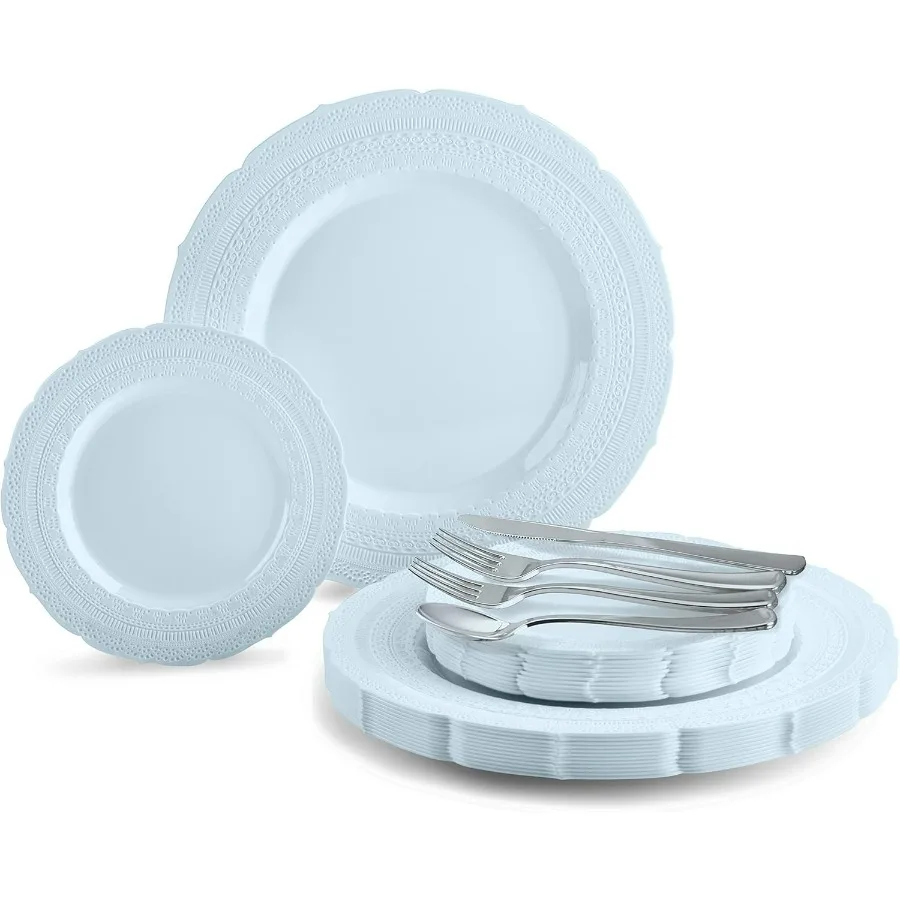 150pcs set (25 Guests)-Extra Heavyweight Vintage Wedding Disposable/Reusable Plastic Plates -25 x 11'' + 25 x 8.25'' +Silverware
150pcs set (25 Guests)-Extra Heavyweight Vintage Wedding Disposable/Reusable Plastic Plates -25 x 11'' + 25 x 8.25'' +Silverware