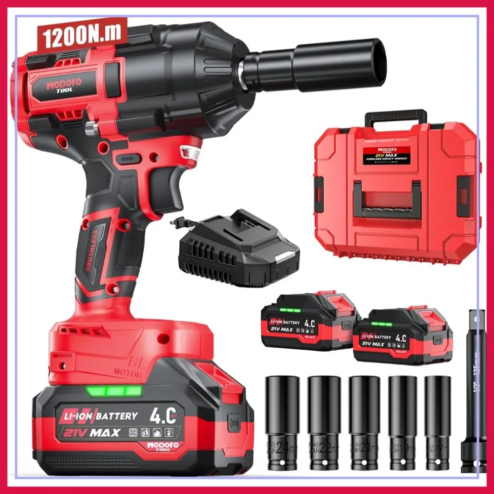Cordless Impact Wrench 1/2" 1200N.m High Torque Brushless 3000RPM 2x4.0Ah Batteries
Cordless Impact Wrench 1/2" 1200N.m High Torque Brushless 3000RPM 2x4.0Ah Batteries