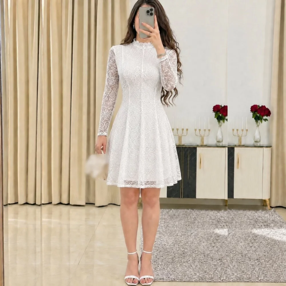 Customized Elegant Lace Long Sleeves Wedding Party Dress High Collar A-line Midi Dresses Formal Evening Modern Style
Customized Elegant Lace Long Sleeves Wedding Party Dress High Collar A-line Midi Dresses Formal Evening Modern Style