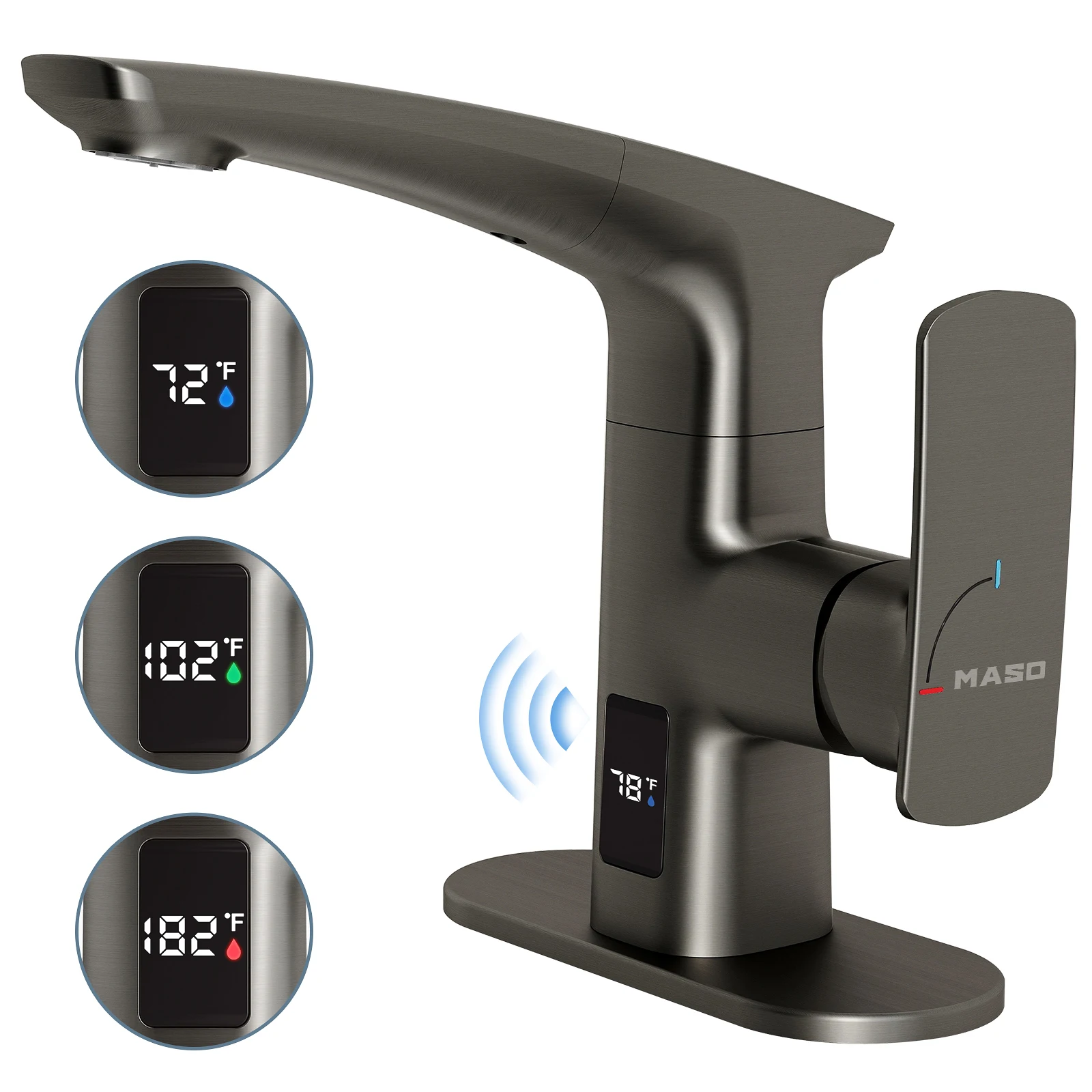 MASO Touchless Bathroom Faucet, Pull-Down, 2 Spray Modes, Temp Display °F, Motion Sensor, 360° Swivel, Brushed Gray
MASO Touchless Bathroom Faucet, Pull-Down, 2 Spray Modes, Temp Display °F, Motion Sensor, 360° Swivel, Brushed Gray
