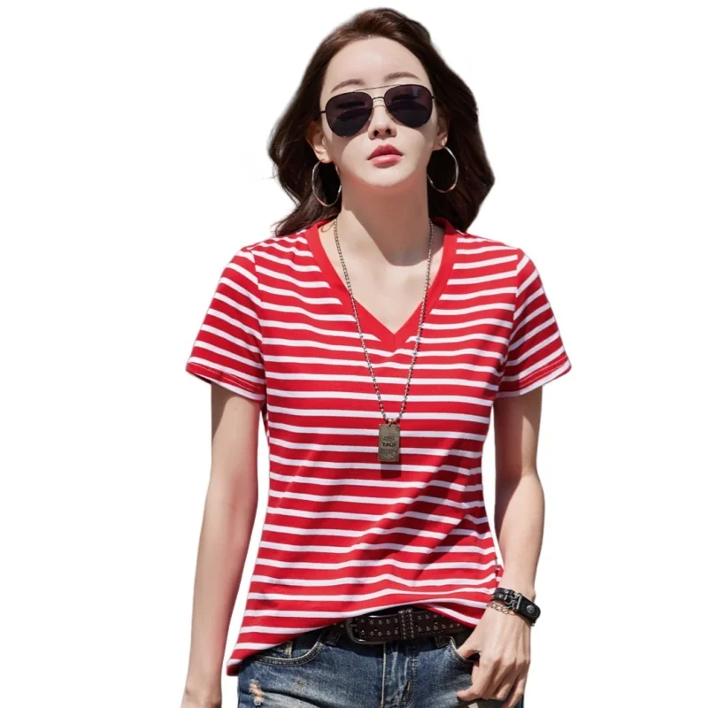 Summer Women's Short Sleeve T-shirt Loose V-neck Top Cotton Bottoming Shirt Casual Half Sleeve Striped Color Contrast T-shirt
Summer Women's Short Sleeve T-shirt Loose V-neck Top Cotton Bottoming Shirt Casual Half Sleeve Striped Color Contrast T-shirt