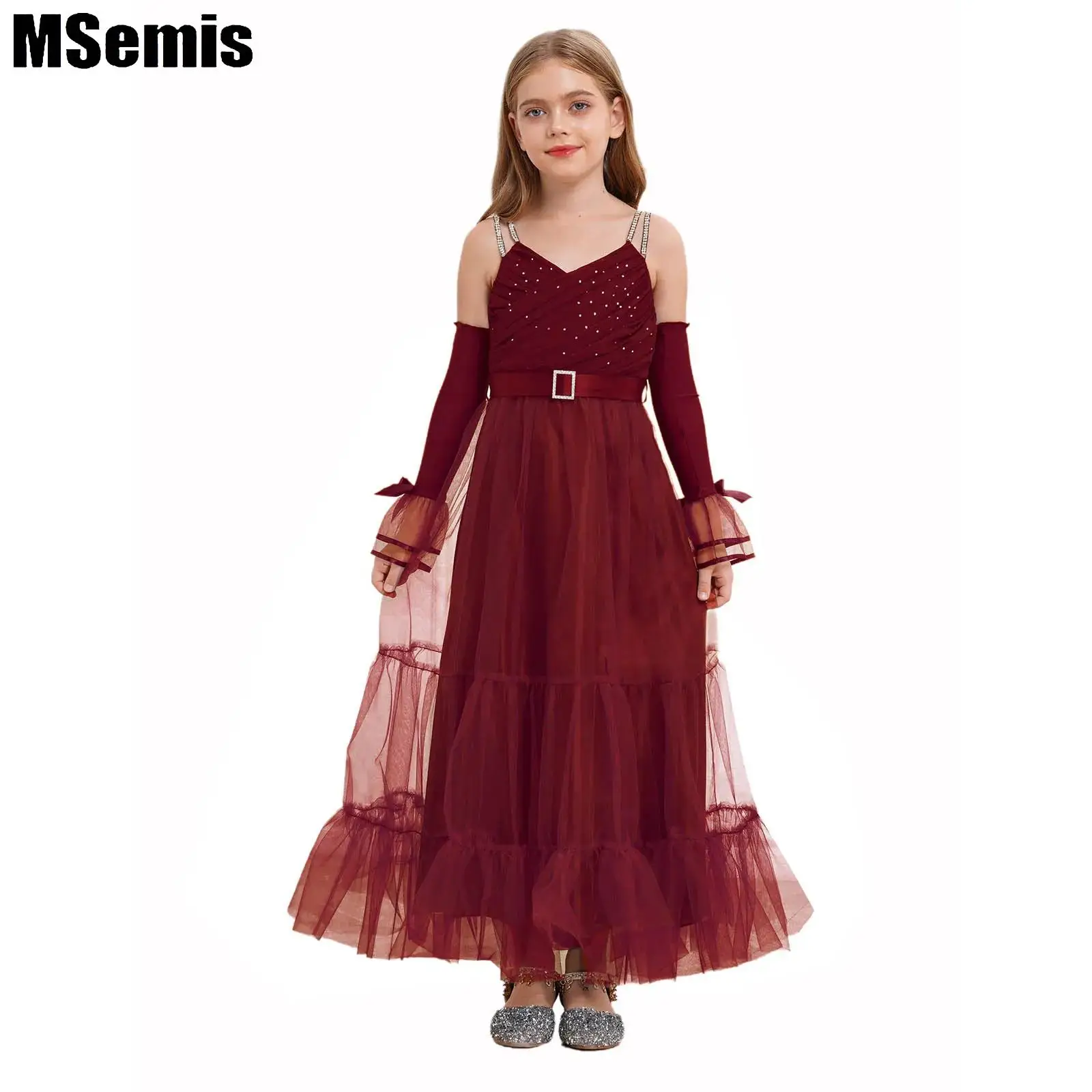 Kids Flower Girl Dress Gown Spaghetti Strap High Waist Ankle Length Fake Diamond Ruffled Mesh Dress with Belt Oversleeve
Kids Flower Girl Dress Gown Spaghetti Strap High Waist Ankle Length Fake Diamond Ruffled Mesh Dress with Belt Oversleeve