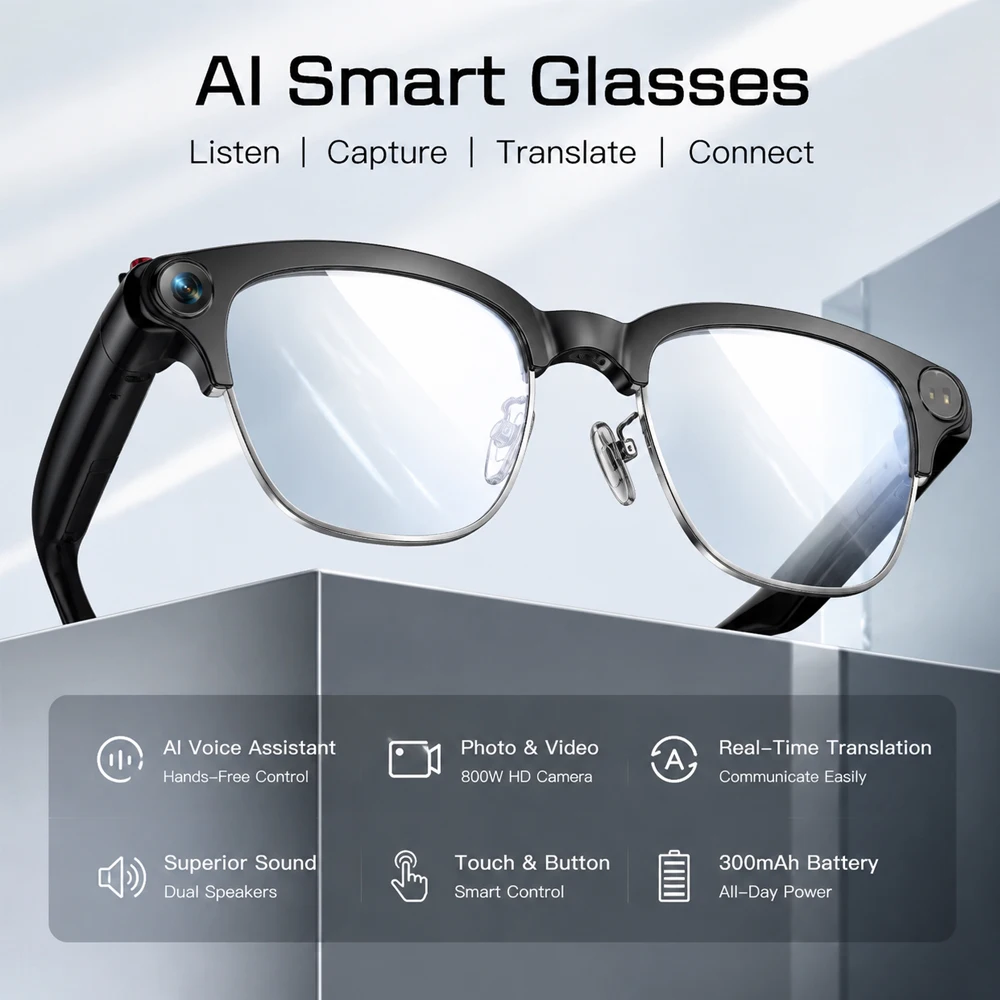 2026 Fashion Smart Glasses 800W HD Camera Video Recording Voice Assistant AI Translation Dual Speakers Sunglasses Men Women
2026 Fashion Smart Glasses 800W HD Camera Video Recording Voice Assistant AI Translation Dual Speakers Sunglasses Men Women