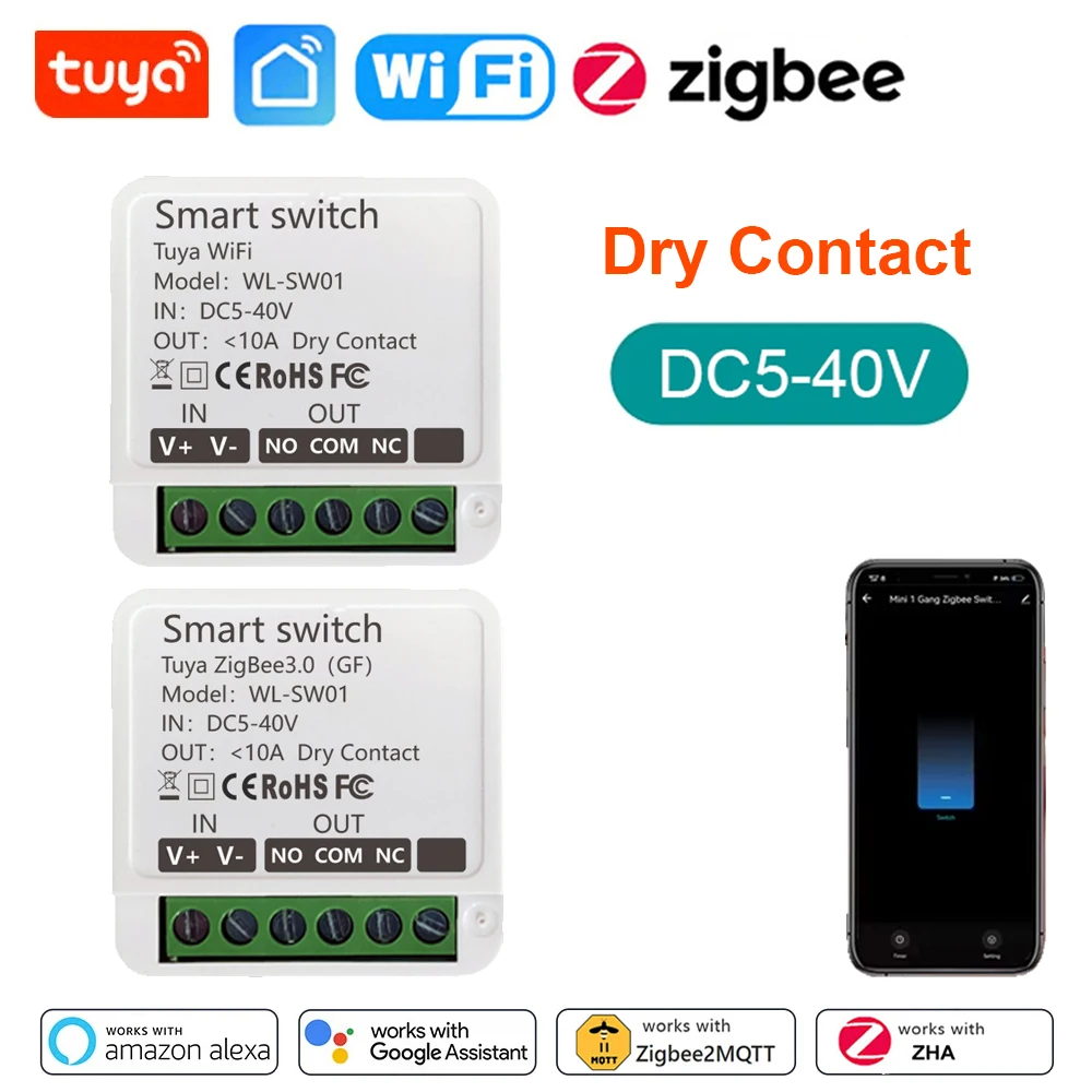 Tuya Smart Dry Contact WiFi/Zigbee Switch Module Smart Home DIY Breaker Relay DC 5-40V Works with Alexa Google Home Assistant