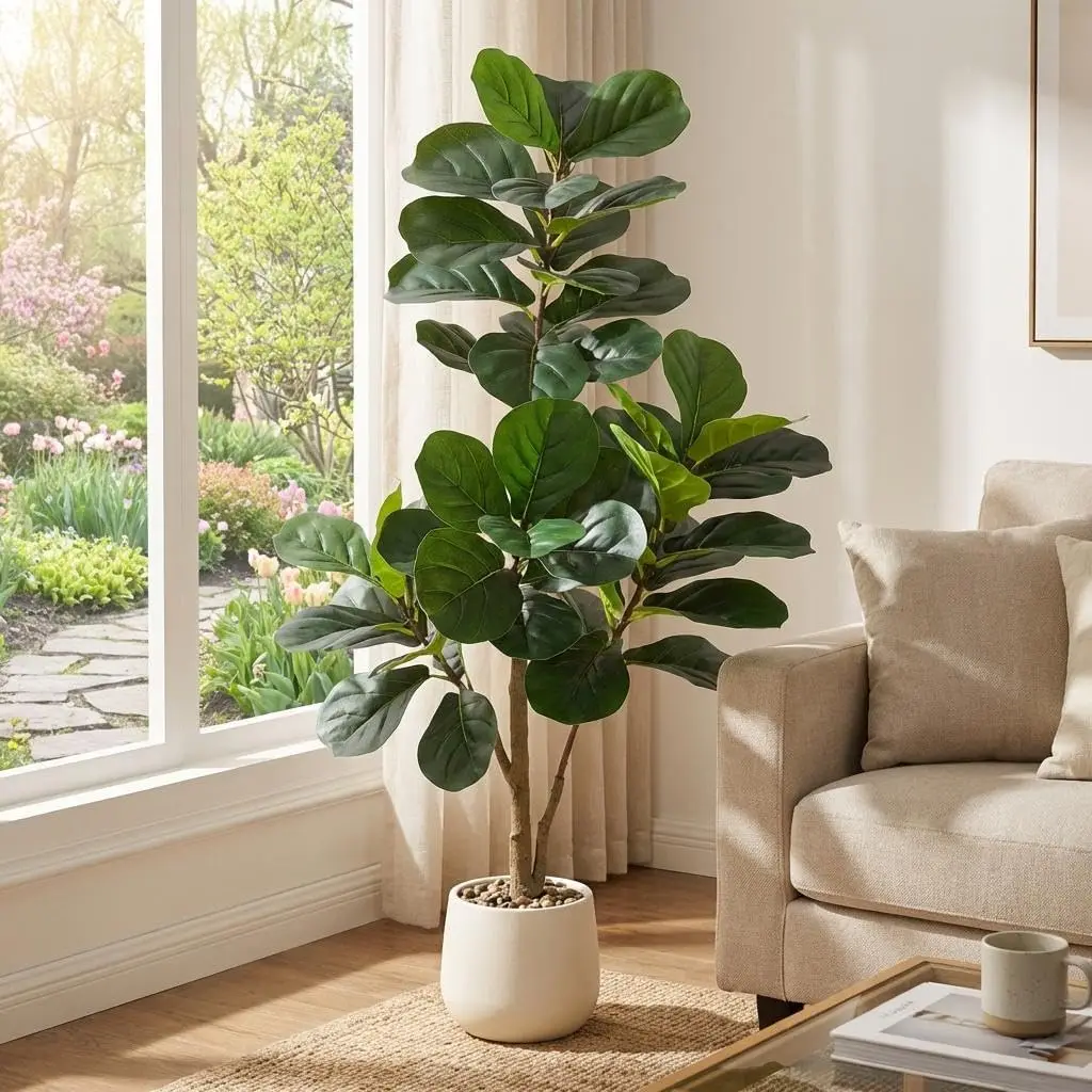 Faux Fiddle Leaf Fig Tree, Artificial Ficus In White Planter With 48 Realistic Leaves & Weighted Base For Home Office Decor
Faux Fiddle Leaf Fig Tree, Artificial Ficus In White Planter With 48 Realistic Leaves & Weighted Base For Home Office Decor