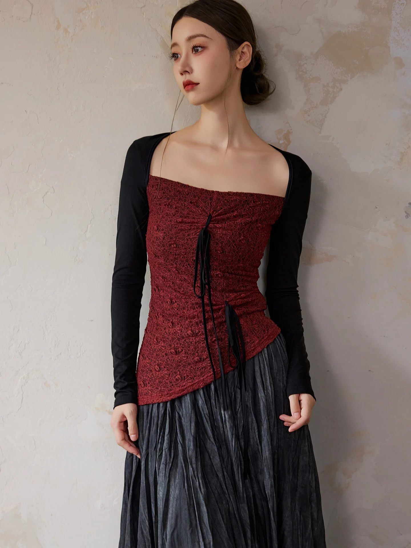 ONMOON Autumn Winter Bri Red Square Collar Basic Overhead T-irt Lace Splicing Long Sve Top Women's Slim Fit Knitted Tee
ONMOON Autumn Winter Bri Red Square Collar Basic Overhead T-irt Lace Splicing Long Sve Top Women's Slim Fit Knitted Tee