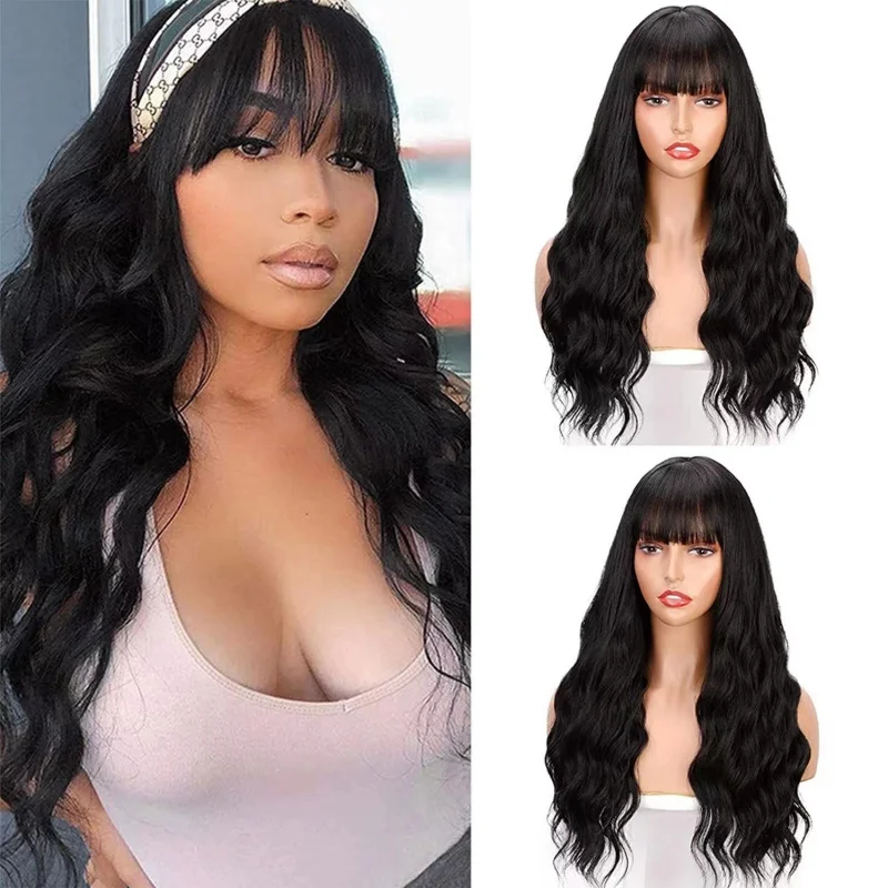 European and American women's fashion rose net air bangs long wavy synthetic hair wig, full head cover
European and American women's fashion rose net air bangs long wavy synthetic hair wig, full head cover