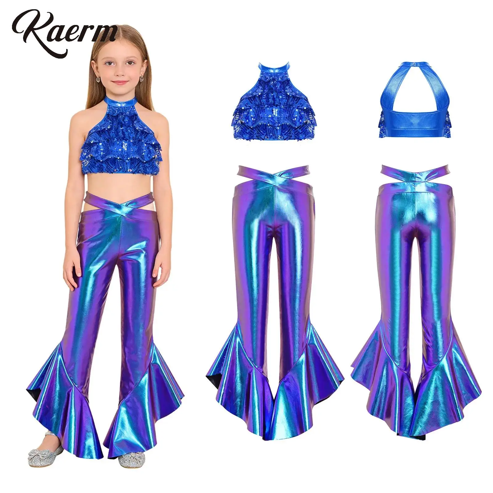 Teen Girls Hip-hop Jazz Ballet Dance Costume Outfit Mock Neck Shiny Sequin Tiered Backless Crop Top with Ruffles Flared Pants
Teen Girls Hip-hop Jazz Ballet Dance Costume Outfit Mock Neck Shiny Sequin Tiered Backless Crop Top with Ruffles Flared Pants