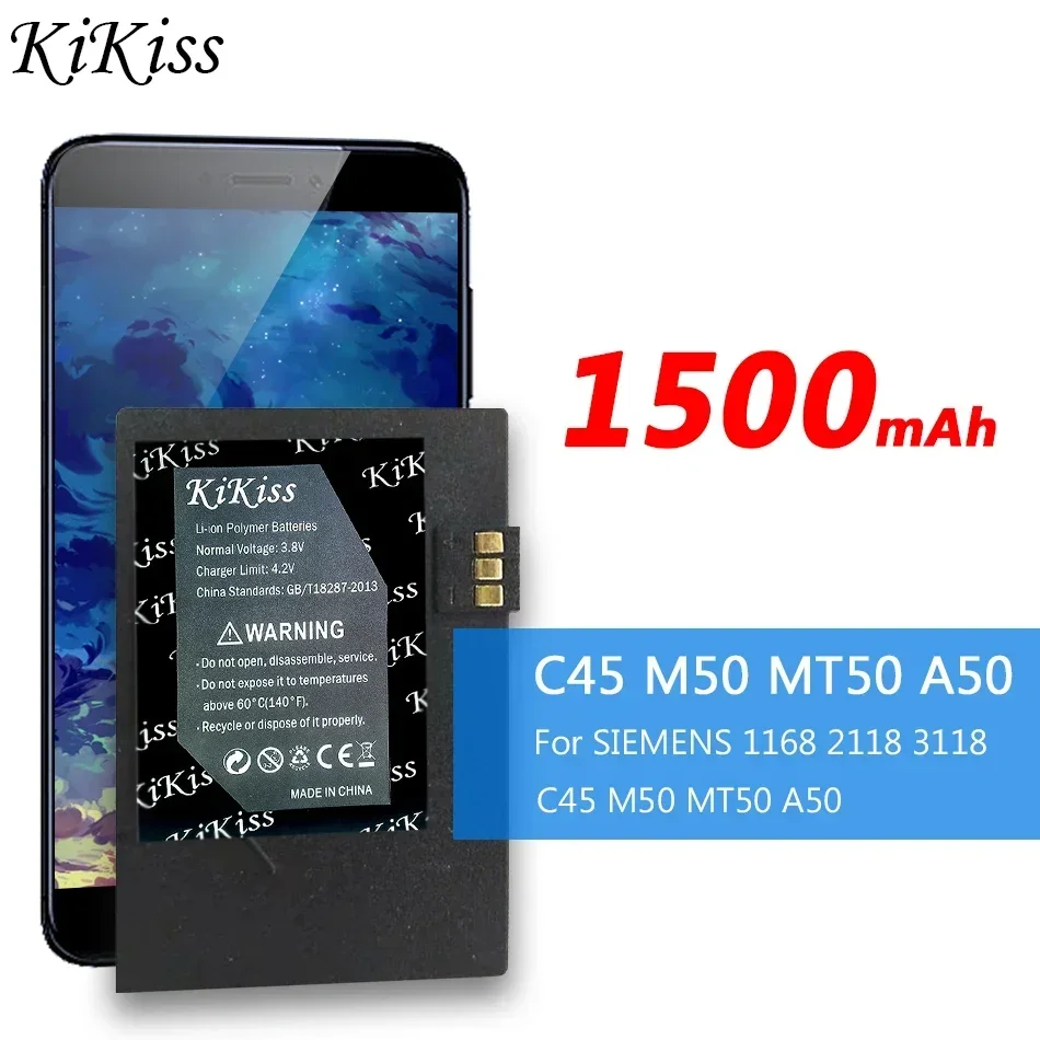 Мощный аккумулятор KiKiss емкостью 1500 мАч для SIEMENS 1168 2118 3118 C45 M50 MT50 A50
Мощный аккумулятор KiKiss емкостью 1500 мАч для SIEMENS 1168 2118 3118 C45 M50 MT50 A50
