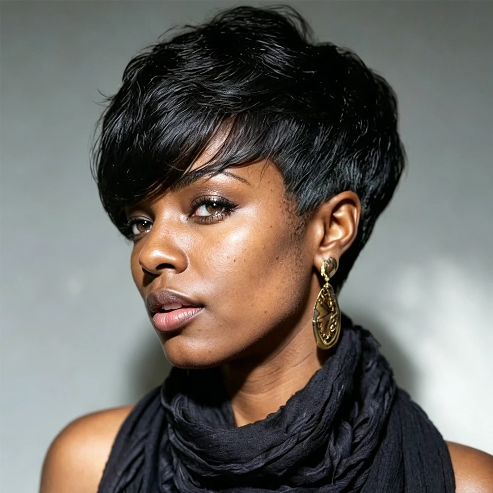 Women's Brazilian Remy Hair Wig - Natural Black Short Pixie Cut with 150% Density, Realistic Layered Machine Made Hair
Women's Brazilian Remy Hair Wig - Natural Black Short Pixie Cut with 150% Density, Realistic Layered Machine Made Hair