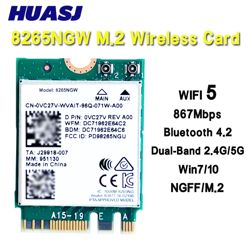Wireless-AC 8265 Dual Band 2.4G/5Ghz Wifi Bluetooth Wlan For 8265NGW NGFF 802.11ac 867Mbps 2x2 MU-MIMO BT 4.2 Card
Wireless-AC 8265 Dual Band 2.4G/5Ghz Wifi Bluetooth Wlan For 8265NGW NGFF 802.11ac 867Mbps 2x2 MU-MIMO BT 4.2 Card