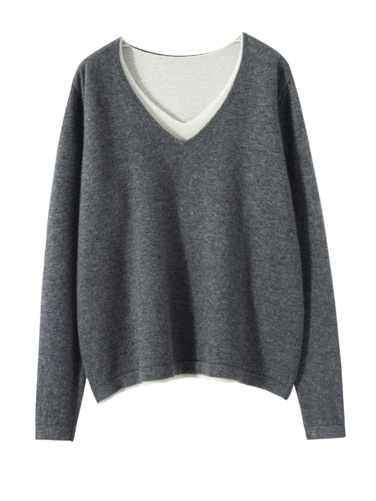 Women's Thick V-Neck Pullover Long Sleeve Autumn Winter 100% Merino Wool Sweater Fake Two Style Casual Clothes Popular Clothing
Women's Thick V-Neck Pullover Long Sleeve Autumn Winter 100% Merino Wool Sweater Fake Two Style Casual Clothes Popular Clothing