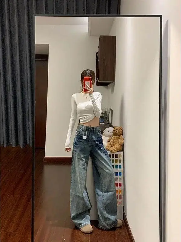 Женские джинсы в стиле ретро, с заклепками, с низкой посадкой, свободные, прямые, широкие штанины, в пол, синие, повседневные
Женские джинсы в стиле ретро, с заклепками, с низкой посадкой, свободные, прямые, широкие штанины, в пол, синие, повседневные