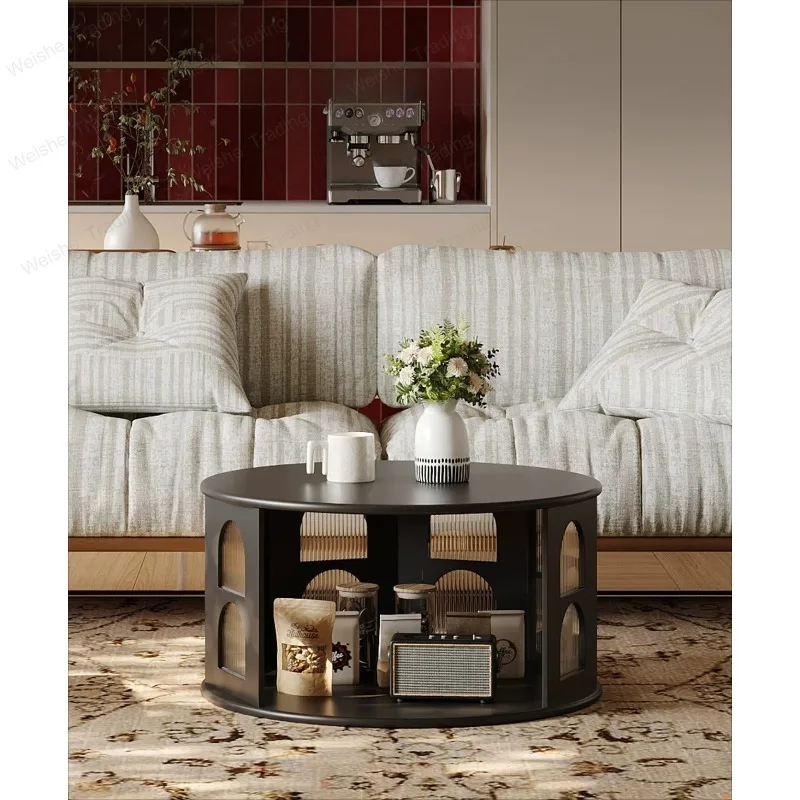 Retro coffee table round solid wood living room home glass light luxury high sense
Retro coffee table round solid wood living room home glass light luxury high sense