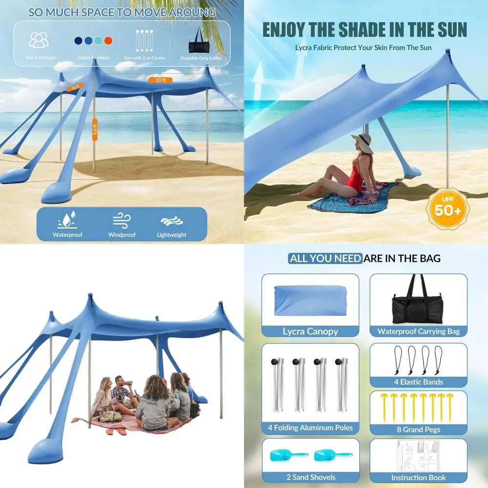 Portable Beach Tent with 8 Sandbags, 4 Poles, Pop-Up Sun Shelter, Easy Setup, Includes Sand Shovel, Ground Pegs, Carry Bag for O
Portable Beach Tent with 8 Sandbags, 4 Poles, Pop-Up Sun Shelter, Easy Setup, Includes Sand Shovel, Ground Pegs, Carry Bag for O