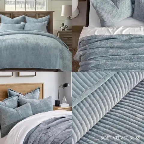 King Size EVERGRACE Velvet Quilt Set, Luxurious Soft Bedding Collection, Lightweight Striped Comforter for Year-Round Use