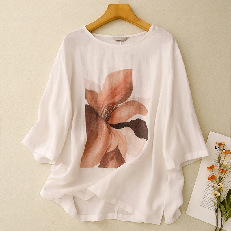 Linen Printing Short-sleeved Round Neck T-shirt Shirt Female Summer New Korean Literature Loose Big Yards Temperament Casual Top
Linen Printing Short-sleeved Round Neck T-shirt Shirt Female Summer New Korean Literature Loose Big Yards Temperament Casual Top