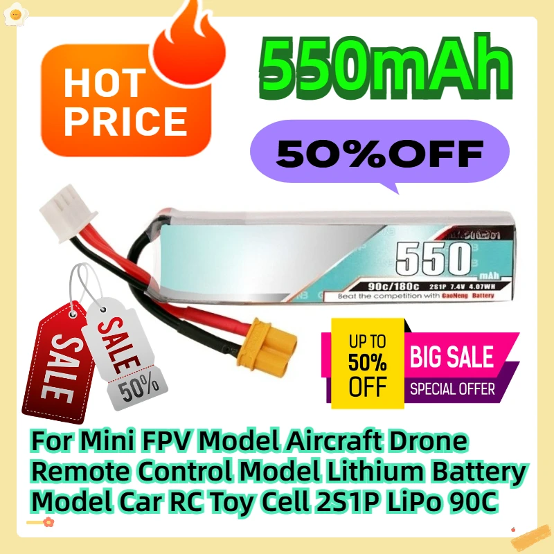 For Mini FPV Model Aircraft Drone Remote Control Model Lithium Battery Model Car RC Toy Cell 550mAh 2S1P 7.4V LiPo 90C 
For Mini FPV Model Aircraft Drone Remote Control Model Lithium Battery Model Car RC Toy Cell 550mAh 2S1P 7.4V LiPo 90C