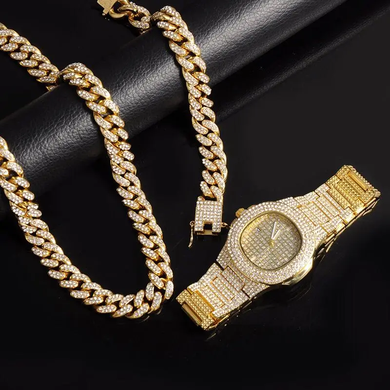 Jewelry Gold Set Iced Out Watch Paved Rhinestones 3PCS 12MM Full Miami Curb Cuban Chain CZ Bling Rapper Necklace for Men
Jewelry Gold Set Iced Out Watch Paved Rhinestones 3PCS 12MM Full Miami Curb Cuban Chain CZ Bling Rapper Necklace for Men