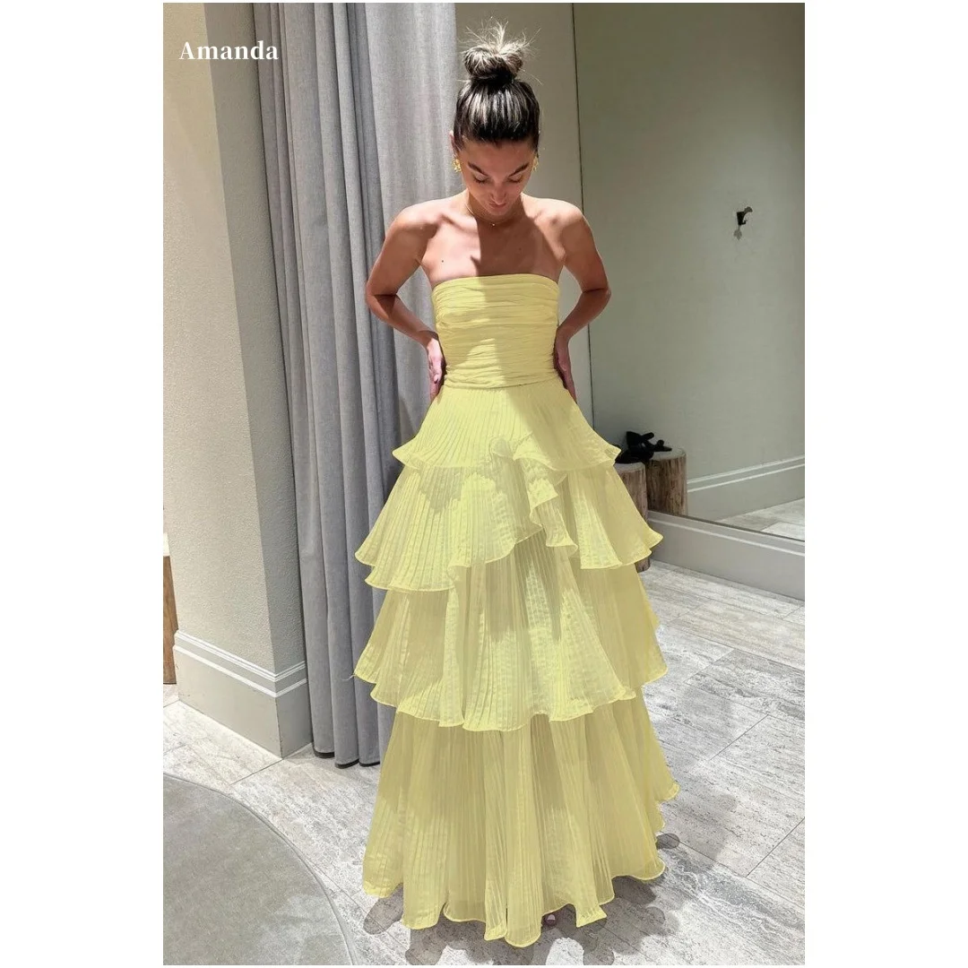 Amanda Customized Prom Dress vestidos de noche Formal Evening Yellow Strapless Tiered Ruffle A Line Long Formal Gown For Women
Amanda Customized Prom Dress vestidos de noche Formal Evening Yellow Strapless Tiered Ruffle A Line Long Formal Gown For Women