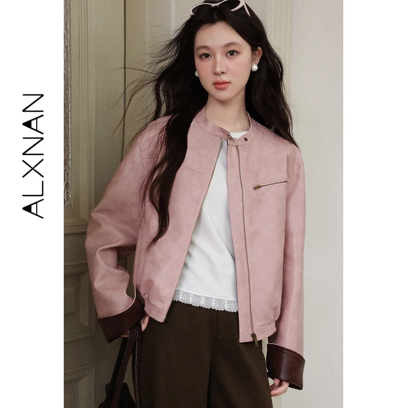 ALXNAN Women's Leather Jacket Zipper Color-blocking Patchwork Pockets Autumn Coats Elastic Hem Loose-fit Waterproof Coat L58816
ALXNAN Women's Leather Jacket Zipper Color-blocking Patchwork Pockets Autumn Coats Elastic Hem Loose-fit Waterproof Coat L58816