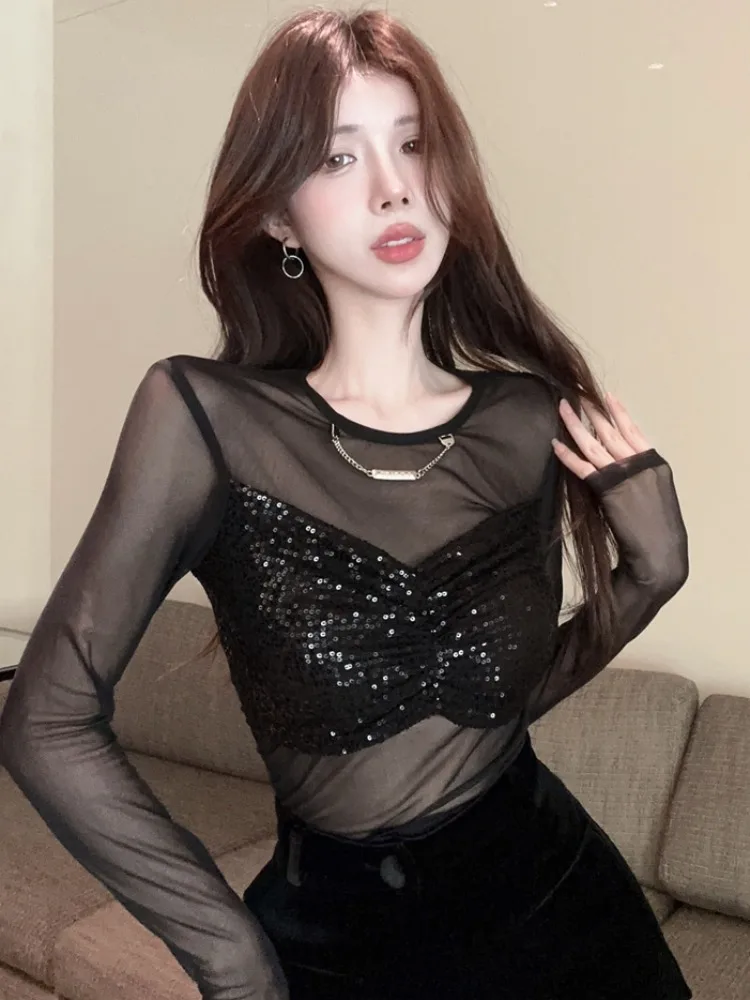 Sexy Lace Mesh See-through Long Sleeve T-shirt Women's Slim Fit Base Layer Top Glitter Strap Design Korean Style Commute Wind
Sexy Lace Mesh See-through Long Sleeve T-shirt Women's Slim Fit Base Layer Top Glitter Strap Design Korean Style Commute Wind