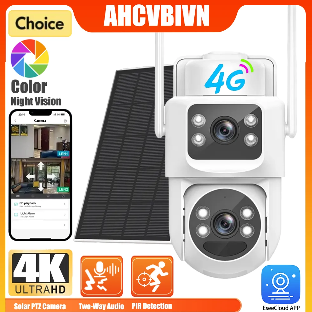 8MP 4K 4G SIM Card Two lens Smart Solar Powered Security Camera Two Way Audio Outdoor CCTV Camera PIR Detection For Farm Orchard
8MP 4K 4G SIM Card Two lens Smart Solar Powered Security Camera Two Way Audio Outdoor CCTV Camera PIR Detection For Farm Orchard