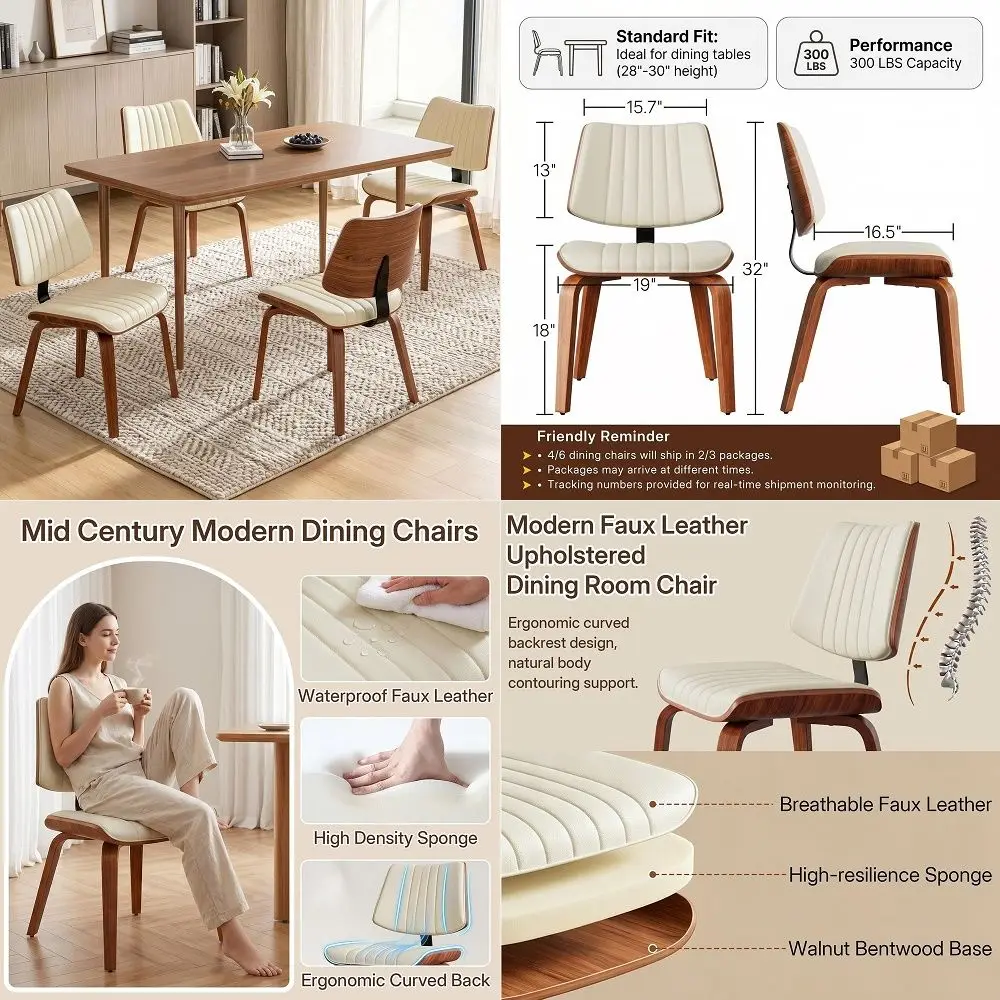 Chairs Set of 4, Mid Century Modern Faux Leather Kitchen Side Chairs with Upholstered Seat and Walnut Bentwood Legs Back for Di
Chairs Set of 4, Mid Century Modern Faux Leather Kitchen Side Chairs with Upholstered Seat and Walnut Bentwood Legs Back for Di