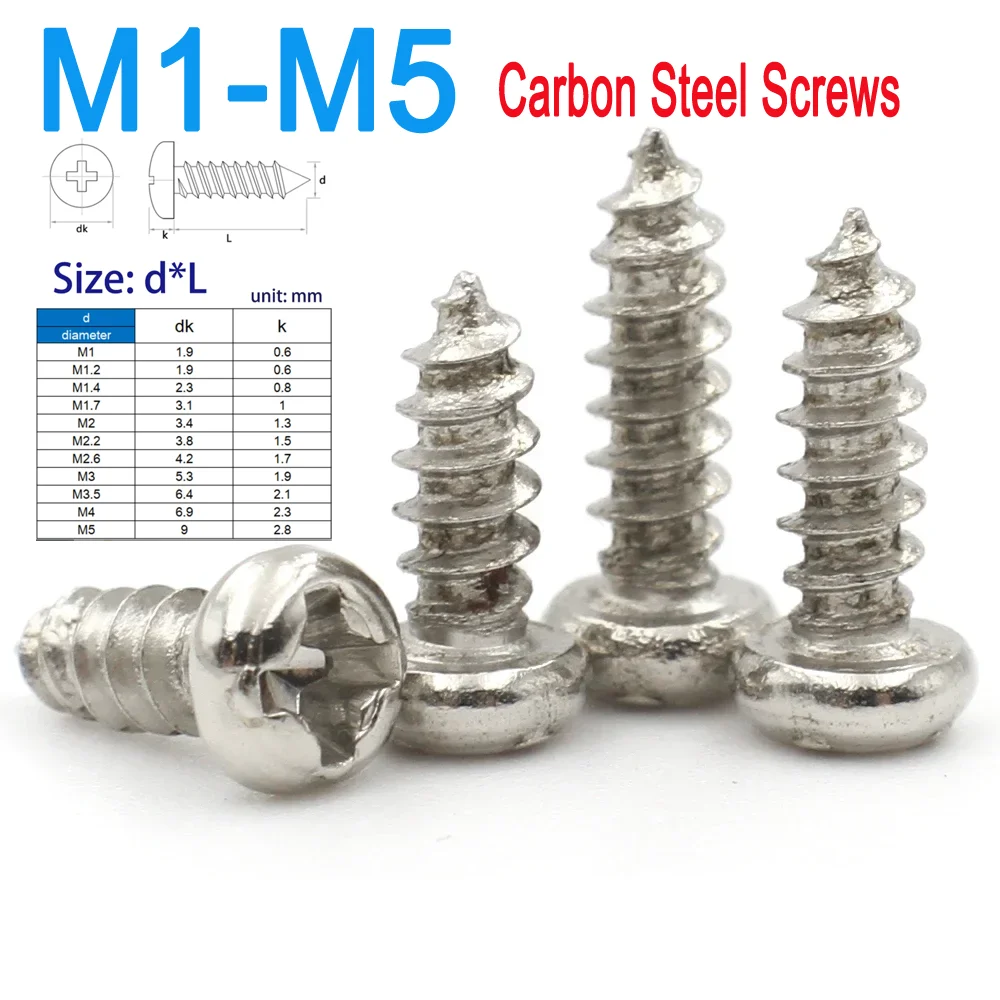 M1 M1.2 M1.4 M1.7 M2 M2.5 M3 M4 M5 Nickel-Plated Carbon Steel Phillips Cross Recessed Round Head Self-Tapping Screw 100pcs/lot
M1 M1.2 M1.4 M1.7 M2 M2.5 M3 M4 M5 Nickel-Plated Carbon Steel Phillips Cross Recessed Round Head Self-Tapping Screw 100pcs/lot