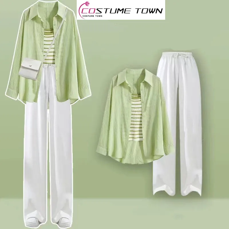 Korean Style Sunscreen Chiffon Shirt Striped Vest Wide Leg Pants Three Piece Elegant Women's Pants Set Summer Casual Outfits
Korean Style Sunscreen Chiffon Shirt Striped Vest Wide Leg Pants Three Piece Elegant Women's Pants Set Summer Casual Outfits