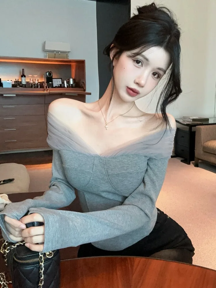 Sexy Mesh Splice Long Sleeve T-Shirt Women's Autumn Winter Pure Desire One Shoulder Fishbone Base Shirt Inner Wear Casual Style
Sexy Mesh Splice Long Sleeve T-Shirt Women's Autumn Winter Pure Desire One Shoulder Fishbone Base Shirt Inner Wear Casual Style
