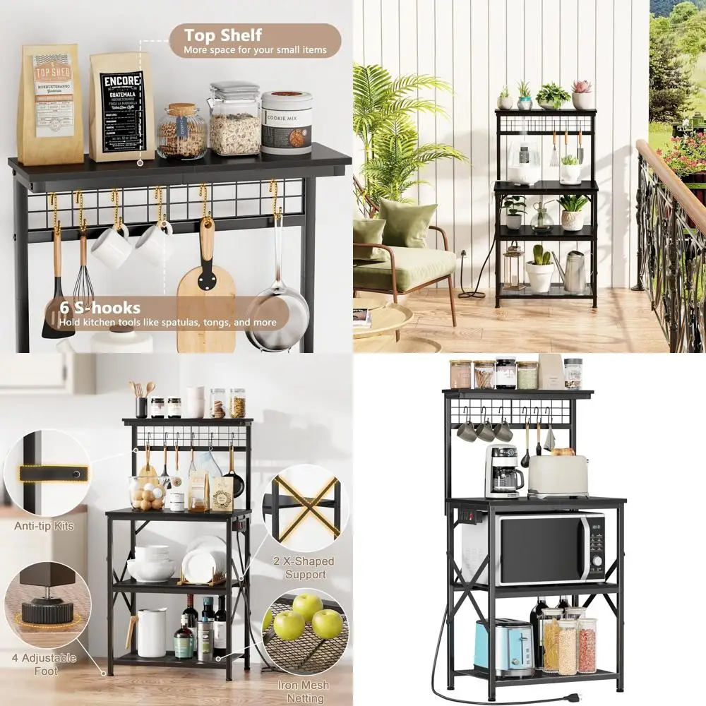 Черная 4-ярусная кухонная полка-стеллаж с розеткой, местом для хранения и полкой для специй, включая 6 S-образных крючков для подставки под микроволновую печь
Черная 4-ярусная кухонная полка-стеллаж с розеткой, местом для хранения и полкой для специй, включая 6 S-образных крючков для подставки под микроволновую печь