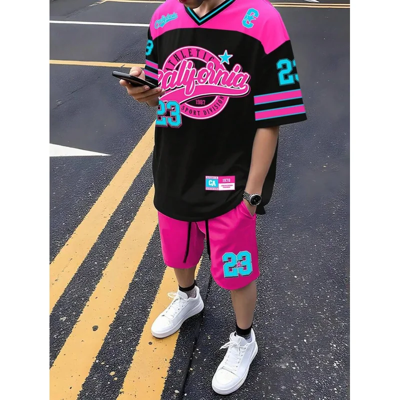 Men's Summer Casual Colorblock Letter Printed V-Neck T-Shirt And Shorts Set 2 Pieces Set Men Street
Men's Summer Casual Colorblock Letter Printed V-Neck T-Shirt And Shorts Set 2 Pieces Set Men Street