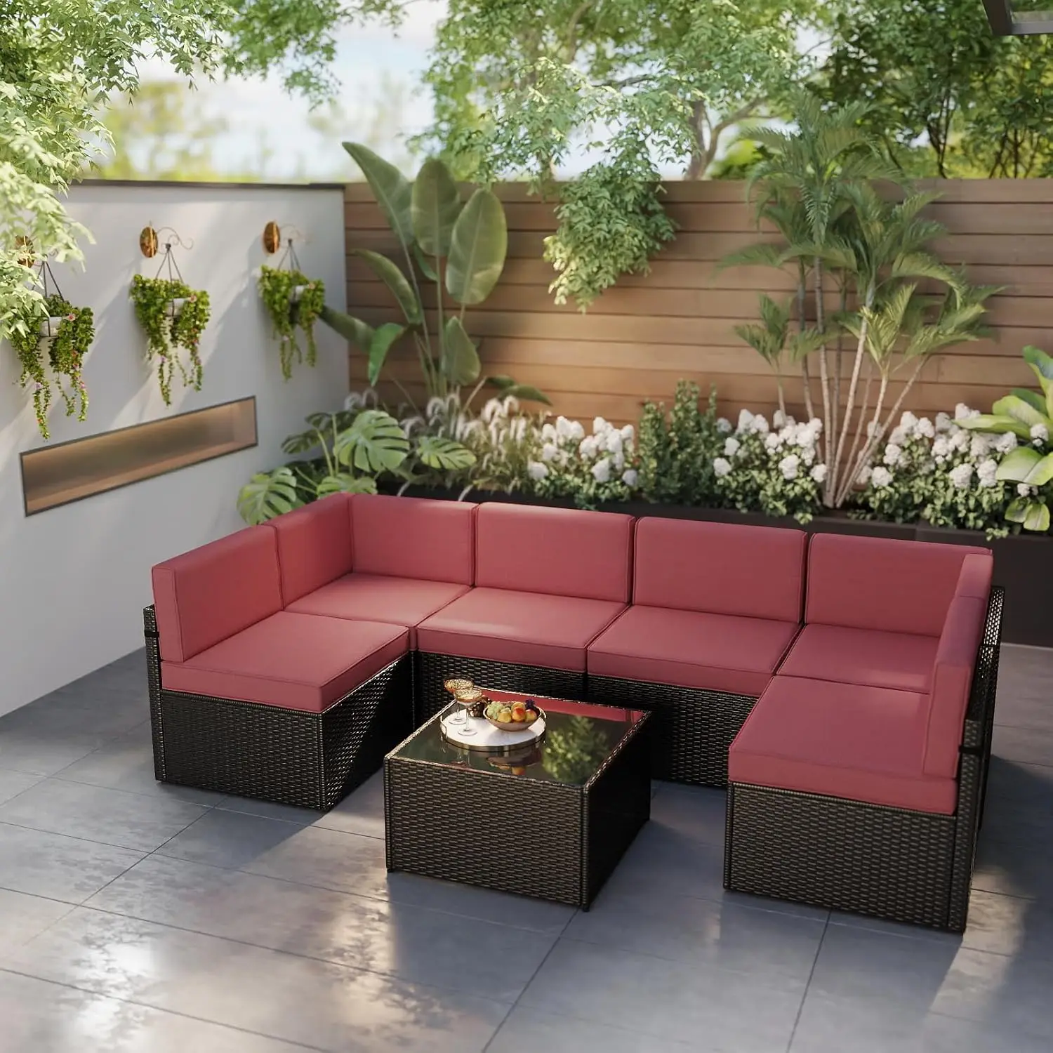 7Pcs Patio Furniture Sets, All-Weather Black PE Wicker Outdoor Couch Patio Seating with Pillows & Coffee Table, Red
7Pcs Patio Furniture Sets, All-Weather Black PE Wicker Outdoor Couch Patio Seating with Pillows & Coffee Table, Red