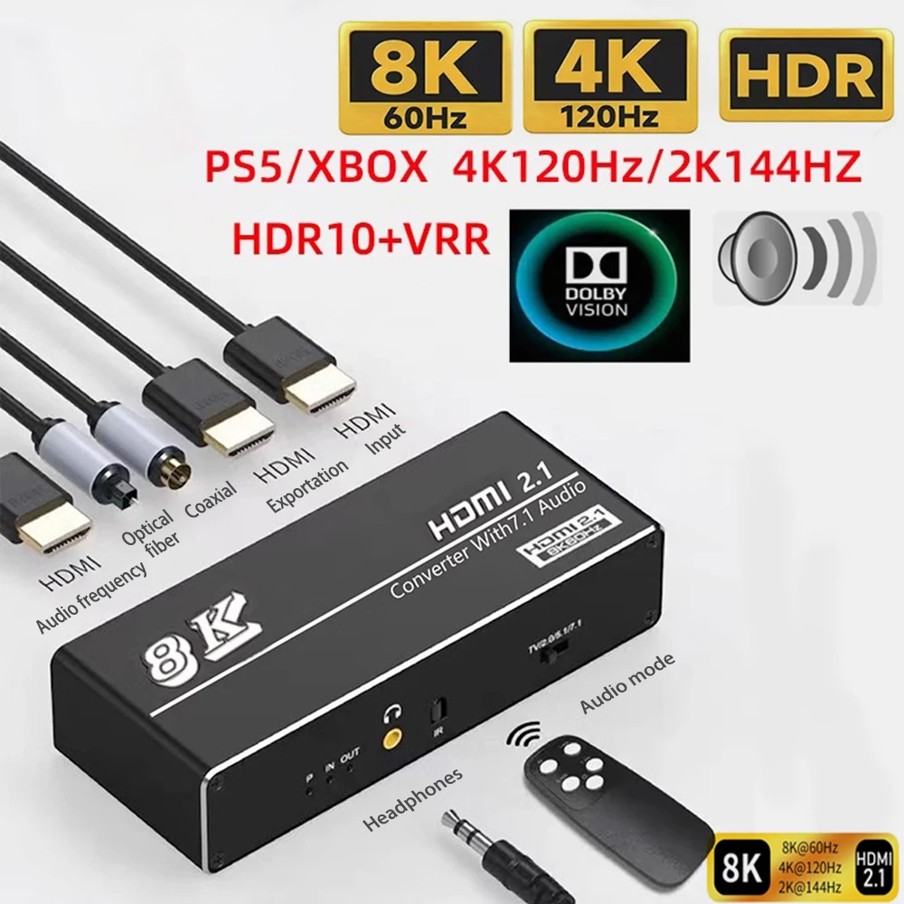 8K 4K 120Hz HDMI 2.1 Audio Extractor Aluminum, Optical Toslink SPDIF Coaxial Adapter 7.1CH for HDTV Converter
8K 4K 120Hz HDMI 2.1 Audio Extractor Aluminum, Optical Toslink SPDIF Coaxial Adapter 7.1CH for HDTV Converter