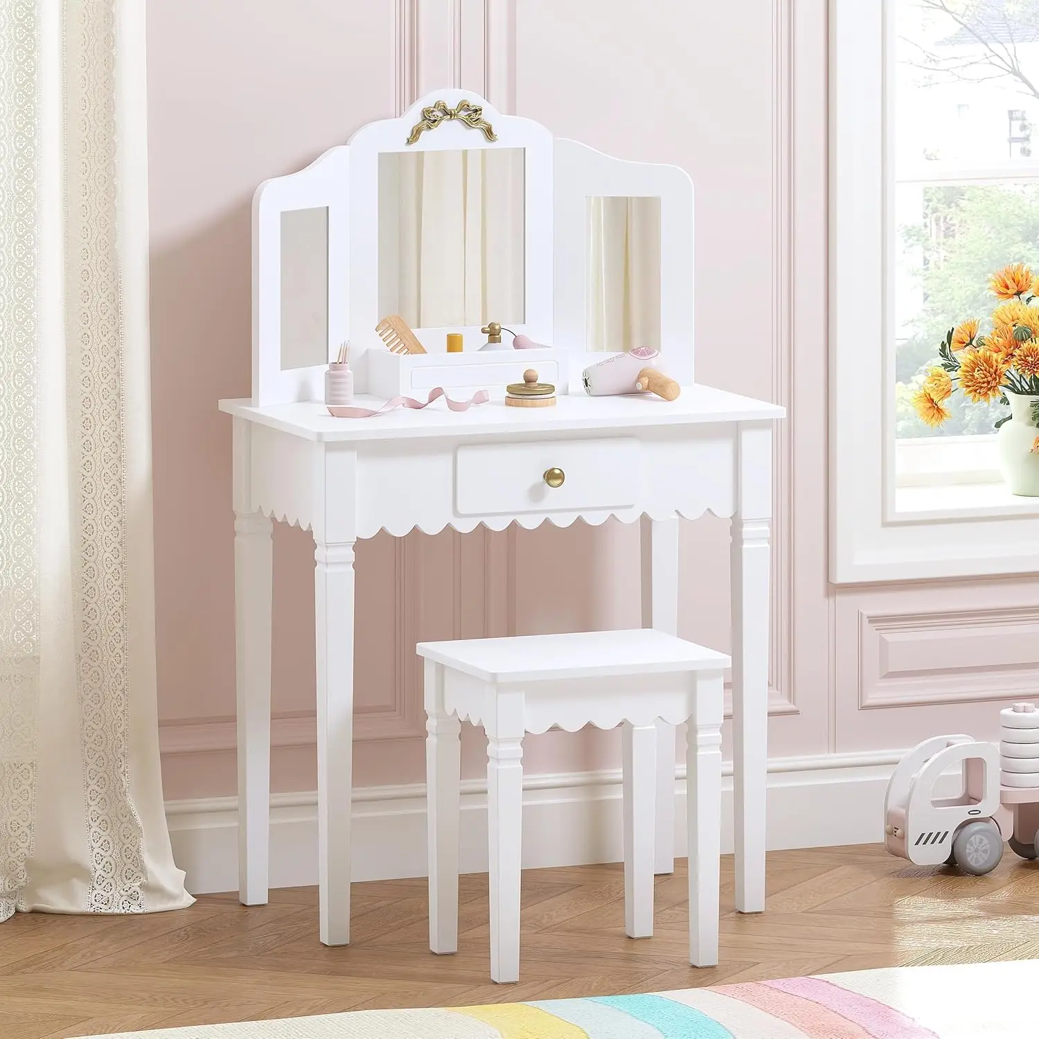 Kids Vanity Set with Mirror and Stool, Makeup Desk for Little Girls, Children Dressing Table with Drawer
Kids Vanity Set with Mirror and Stool, Makeup Desk for Little Girls, Children Dressing Table with Drawer