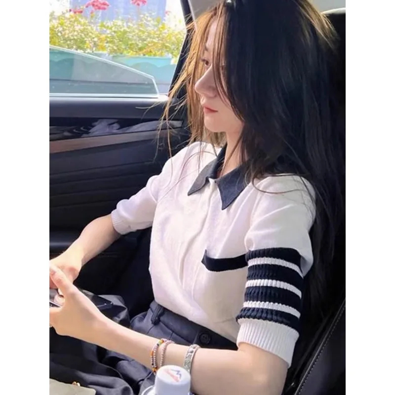 Women's Casual Elastic Slim Polo Neck Preppy Style Short Sleeve Tops Summer Chic Striped Thin Knitted T-Shirt
Women's Casual Elastic Slim Polo Neck Preppy Style Short Sleeve Tops Summer Chic Striped Thin Knitted T-Shirt