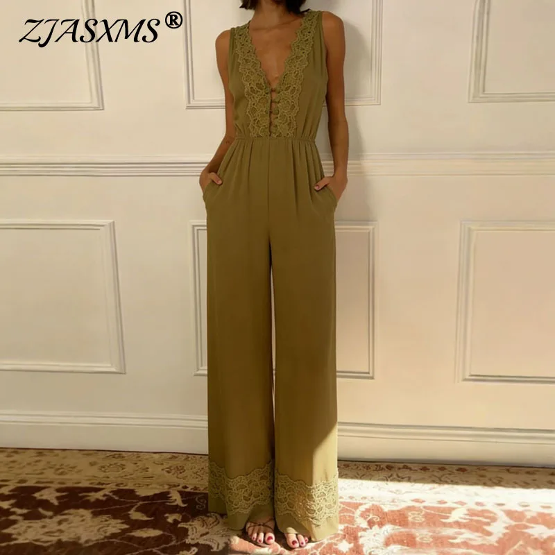 Women Lace Trim V Neck Sleeveless Jumpsuit Solid High Waist Wide Leg Pants Romper Elegant Casual Pocket Party Vacation Playsuit
Women Lace Trim V Neck Sleeveless Jumpsuit Solid High Waist Wide Leg Pants Romper Elegant Casual Pocket Party Vacation Playsuit