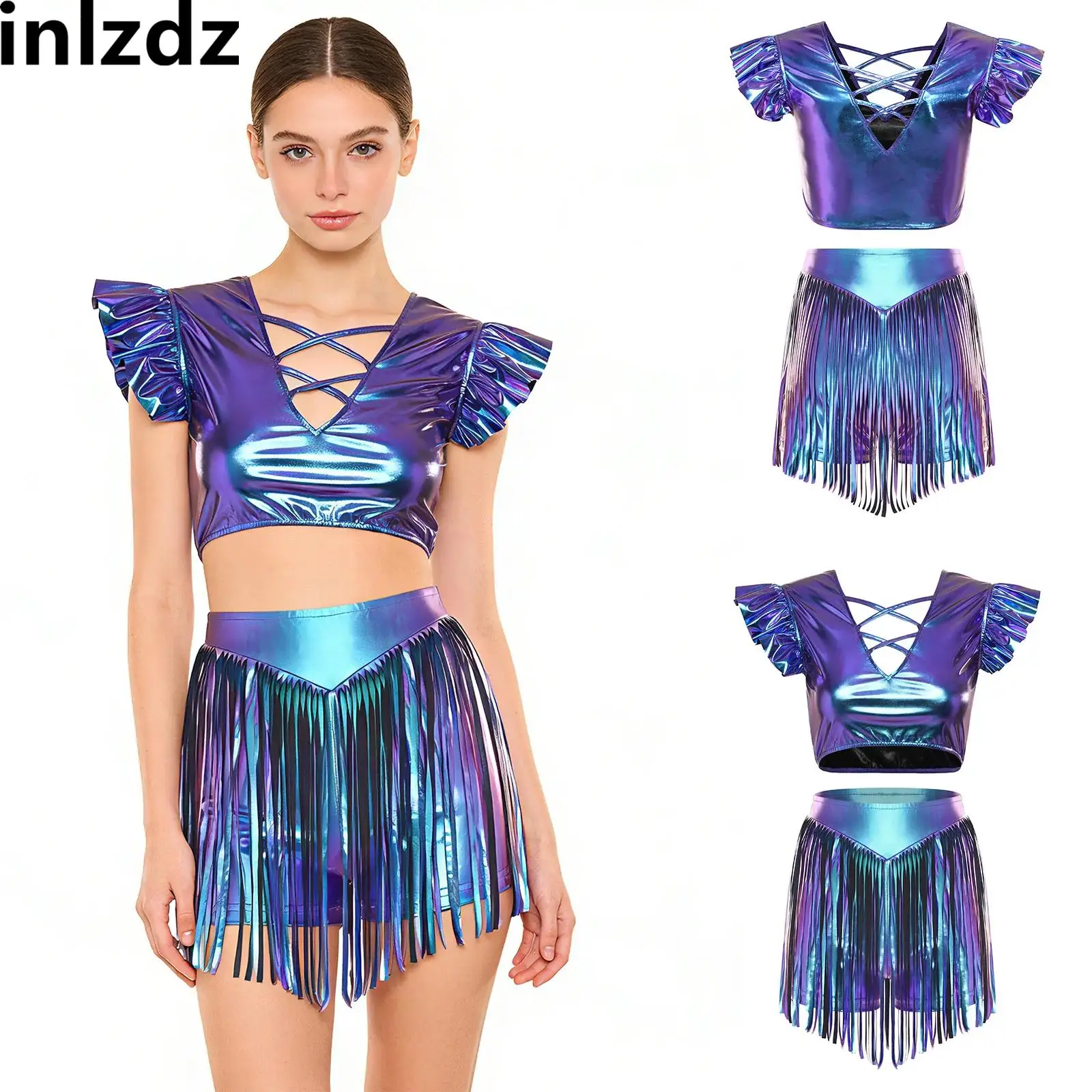Womens Iridescent Metallic Rock Jazz Dance Performance Outfit Musical Party Club Clothes Fly Sleeve Crop Top And Tassel Shorts
Womens Iridescent Metallic Rock Jazz Dance Performance Outfit Musical Party Club Clothes Fly Sleeve Crop Top And Tassel Shorts