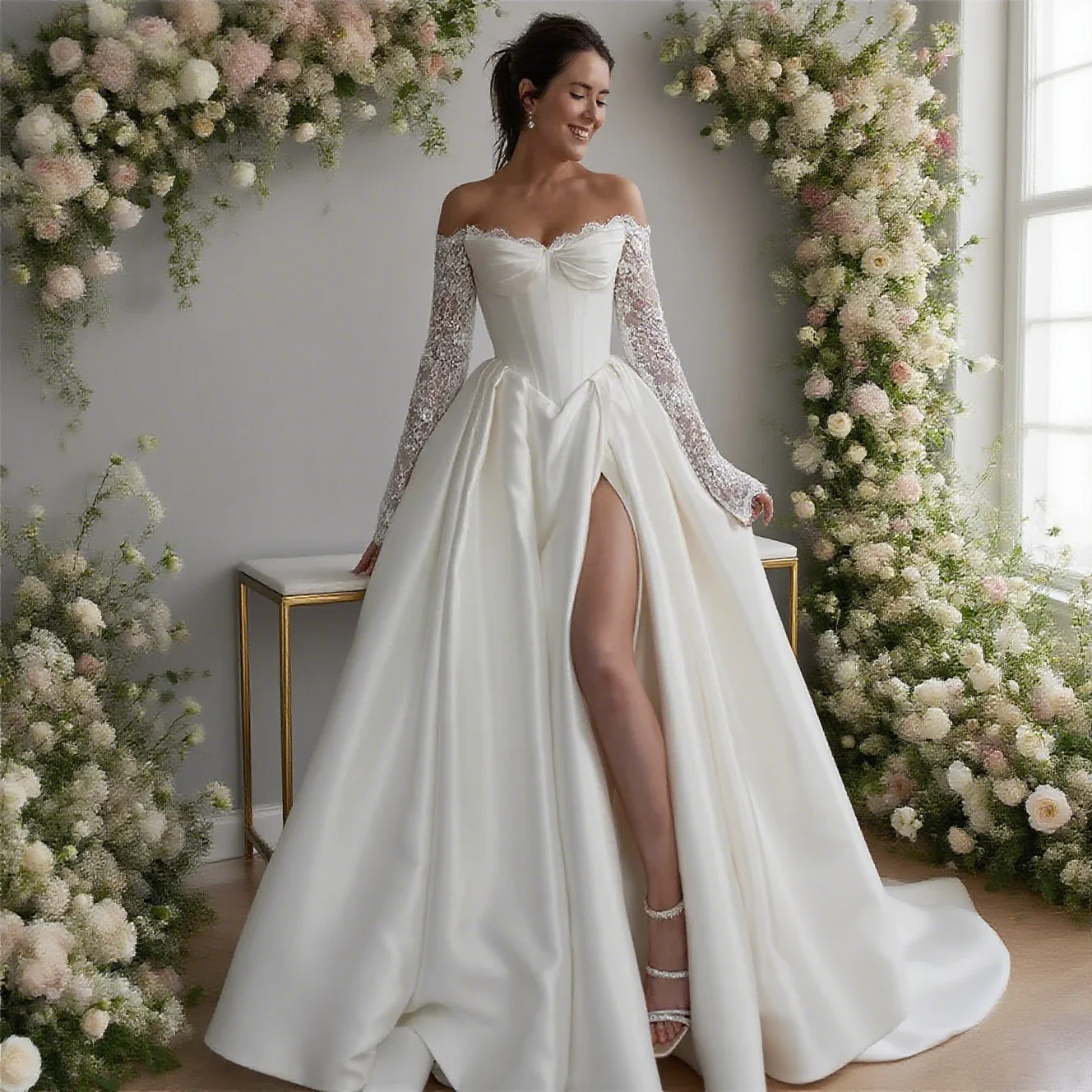 Customized Off Shoulder Long Appliques Sleeves Satin A-Line Wedding Elegant Lace-up Back Floor Length Side Slit Gown For Bride
Customized Off Shoulder Long Appliques Sleeves Satin A-Line Wedding Elegant Lace-up Back Floor Length Side Slit Gown For Bride