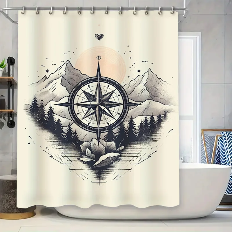 Compass Design Shower Curtain, Mountain Print Home Decor Waterproof Bath Mat Cover, Vintage Travel Exploration, Black White Deco
Compass Design Shower Curtain, Mountain Print Home Decor Waterproof Bath Mat Cover, Vintage Travel Exploration, Black White Deco